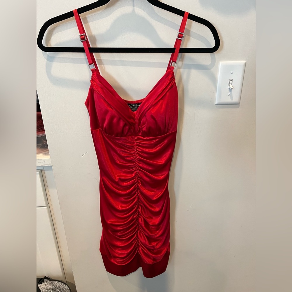 City Triangles Red Ruched Strappy Mini Dress